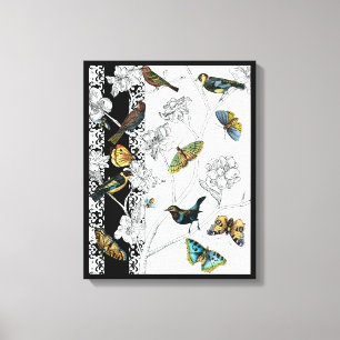 Vögel und Schmetterling auf einem schwarzen u. Leinwanddruck