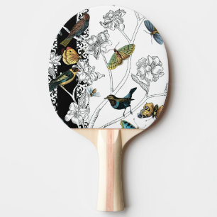 Vögel und Schmetterling auf einem schwarzen u. Tischtennis Schläger