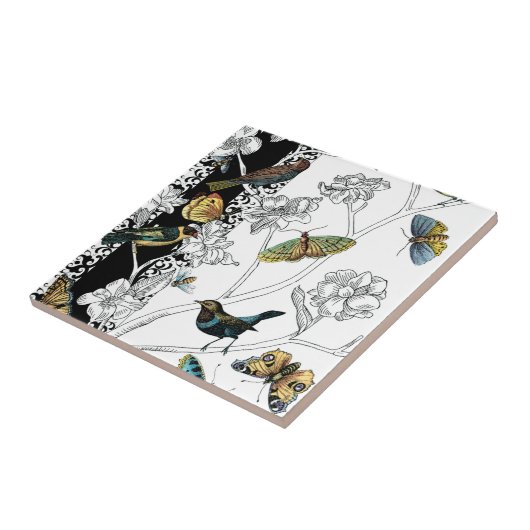 Vögel und Schmetterlinge im schwarz-weißen Hinterg Fliese (Seite)