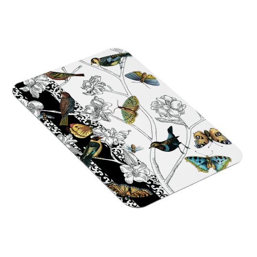 Vögel und Schmetterlinge im schwarz-weißen Hinterg Magnet (Rechte Seite)