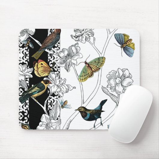 Vögel und Schmetterlinge im schwarz-weißen Hinterg Mousepad (Mit Mouse)