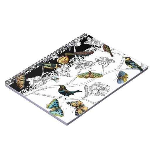 Vögel und Schmetterlinge im schwarz-weißen Hinterg Notizblock (Linke Seite)