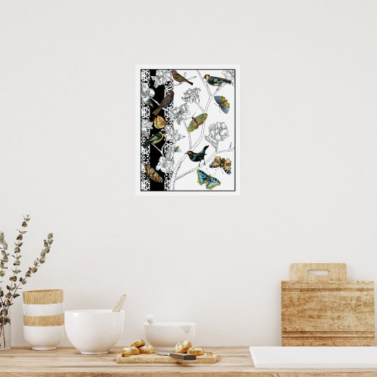 Vögel und Schmetterlinge im schwarz-weißen Hinterg Poster (Küche)