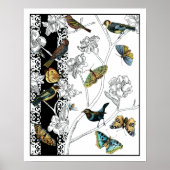 Vögel und Schmetterlinge im schwarz-weißen Hinterg Poster (Vorne)
