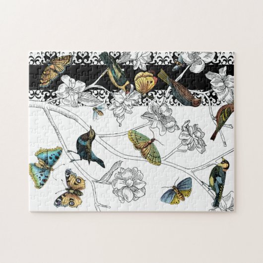 Vögel und Schmetterlinge im schwarz-weißen Hinterg Puzzle (Horizontal)