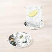 Vögel und Schmetterlinge im schwarz-weißen Hinterg Sandstein Untersetzer (Seite)