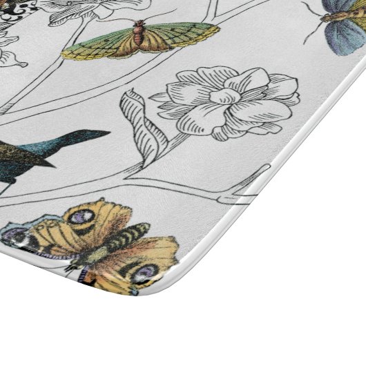 Vögel und Schmetterlinge im schwarz-weißen Hinterg Schneidebrett (Ecke)