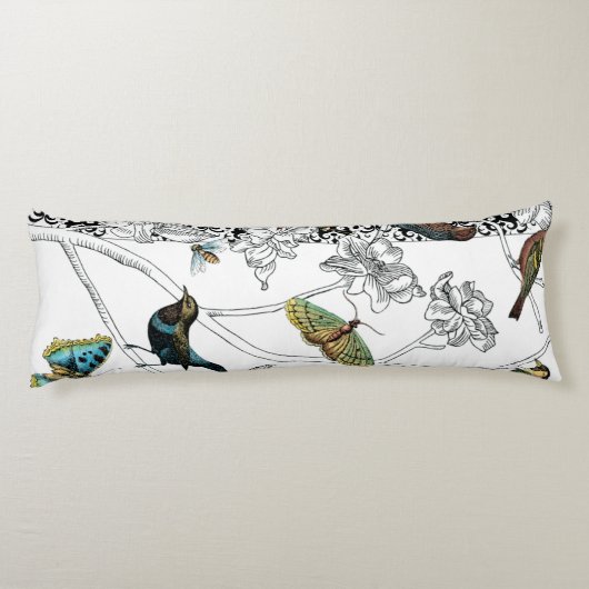 Vögel und Schmetterlinge im schwarz-weißen Hinterg Seitenschläferkissen (Rückseite)
