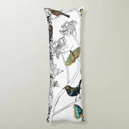 Vögel und Schmetterlinge im schwarz-weißen Hinterg Seitenschläferkissen (Rückseite (Vertikal))