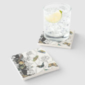 Vögel und Schmetterlinge im schwarz-weißen Hinterg Steinuntersetzer (Seitenansicht)