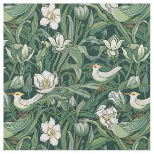 Vögel und Tulips Grüne Jugendstil Stoff