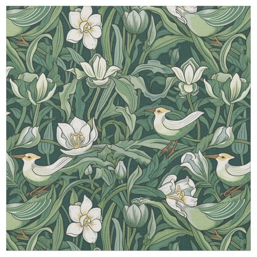 Vögel und Tulips Grüne Jugendstil Stoff (Nahaufnahme)