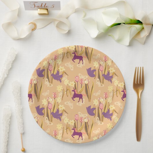 Vögel und Uniköre auf der Frühjahrswiese Pappteller (Hochzeit)