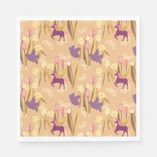 Vögel und Uniköre auf der Frühjahrswiese Serviette (Vorderseite)