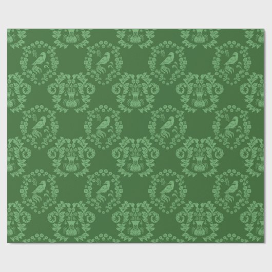 Vogel- und Vase-Damast (grün des Jägers) Geschenkpapier (Flach)