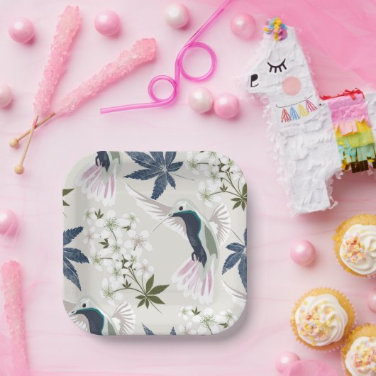 Vögel und weiße Blume. Pappteller (Party)