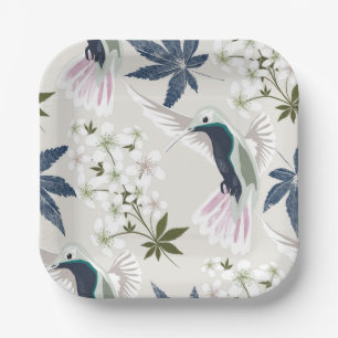 Vögel und weiße Blume. Pappteller