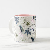 Vögel und weiße Blume. Zweifarbige Tasse (Vorderseite Links)