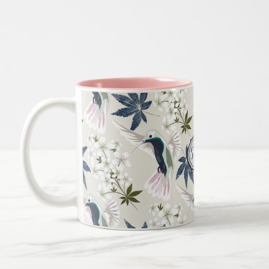 Vögel und weiße Blume. Zweifarbige Tasse (Links)