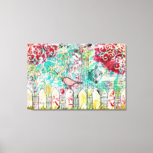 Vogel- und White Picket Fence Mixed Media Painting Leinwanddruck (Vorderseite)