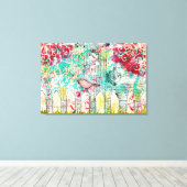 Vogel- und White Picket Fence Mixed Media Painting Leinwanddruck (Insitu (Holzboden))
