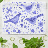 Vogel und Wildblume Wasserfarbe Blau Weiß Geschirrtuch (Gefaltet)