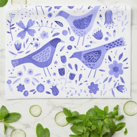 Vogel und Wildblume Wasserfarbe Blau Weiß Geschirrtuch (Gefaltet)