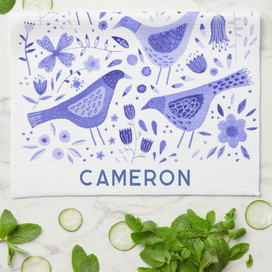 Vögel und Wildblumen Wasserfarbe Personalisiert Geschirrtuch (Gefaltet)