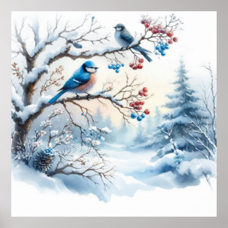 Vögel und Winterlandschaft 34 Poster