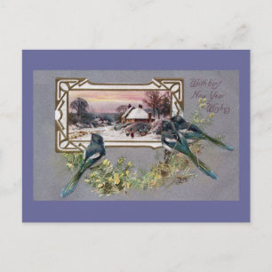 Vögel und Winterlandschaft Vintage Neujahr Feiertagspostkarte