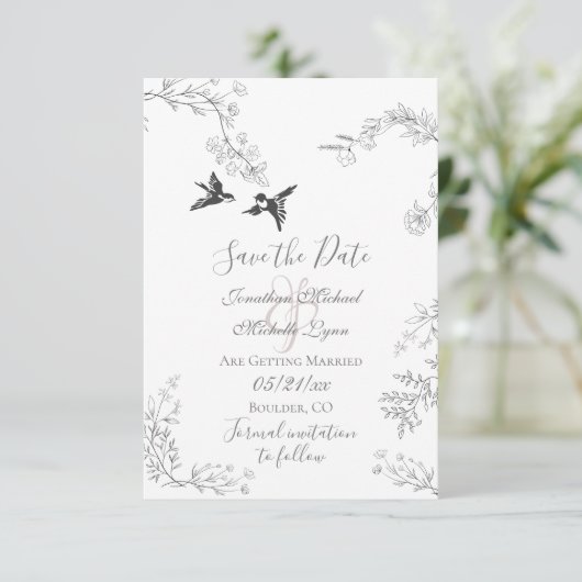 Vögel und Zweige Hübsche Blumengartenhochzeit Save The Date (Stehend Vorderseite)