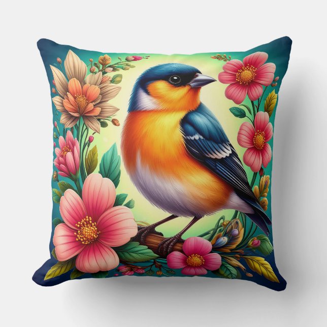 Vogel unter farbenfrohen Blume Kissen (Vorderseite)