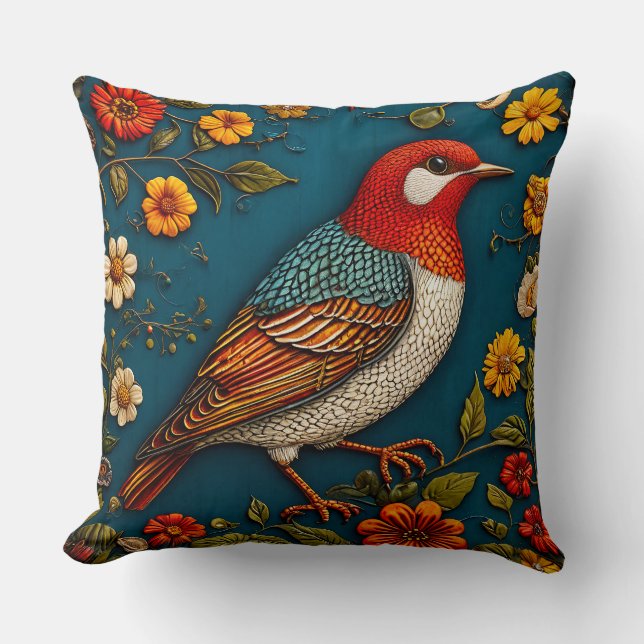 Vogel unter farbenfrohen Blume Kissen (Vorderseite)