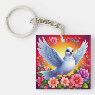 Vogel unter farbenfrohen Blume Schlüsselanhänger
