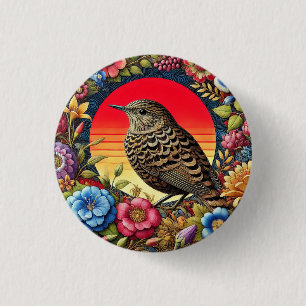 Vogel unter farbenfrohen Blumen Button