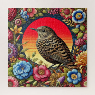 Vogel unter farbenfrohen Blumen Puzzle