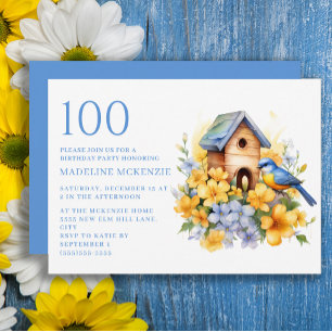 Vogel Vogelhaus Blau Gelbe Blumen 100. Geburtstag Einladung