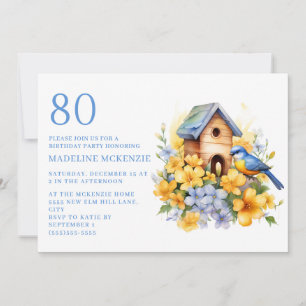 Vogel Vogelhaus Blau Gelbe Blumen 80. Geburtstag Einladung