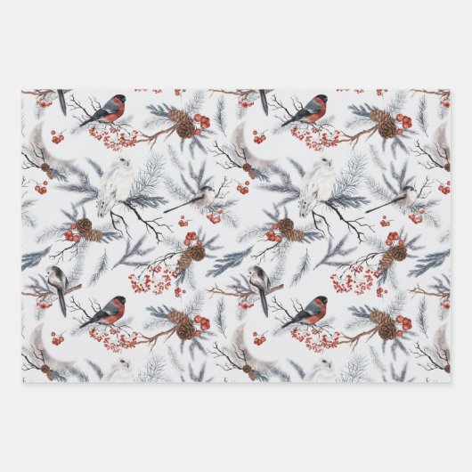 Vögel Winter Foliage Botanisches Aquarellmuster Geschenkpapier Set (Vorderseite 3)