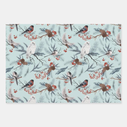 Vögel Winter Foliage Botanisches Aquarellmuster Geschenkpapier Set (Vorderseite 2)