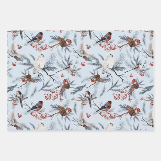 Vögel Winter Foliage Botanisches Aquarellmuster Geschenkpapier Set (Vorderseite)