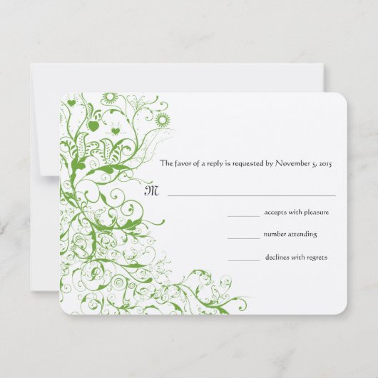 Vögel & Wirbel Apple Green Wedding Response Card RSVP Karte (Rückseite)