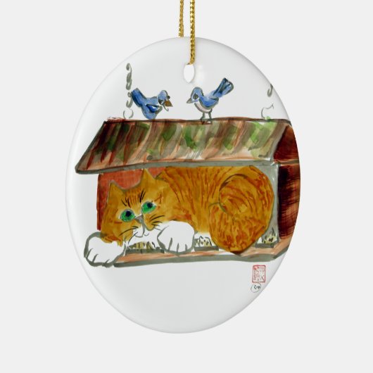 Vogel-Zufuhr und orange Tiger-Katze Keramik Ornament (Rechts)