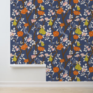 Vogelarten der Marine und Orange Chinoiserie Tapete