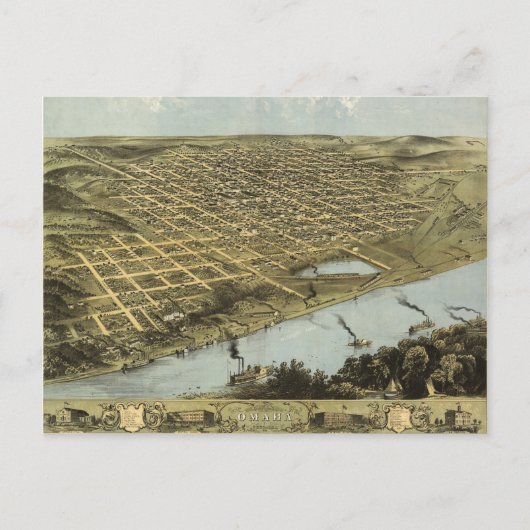 Vogelaugenkarte von Omaha Nebraska (1868) Postkarte (Vorderseite)