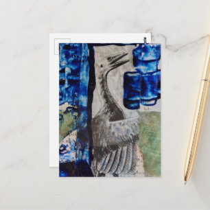 Vogeldino Blau Mixed Media Collage Postkarte