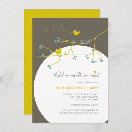 Vogelfamilie Wir haben das Nest Housewarming Party Einladung (Vorne/Hinten)