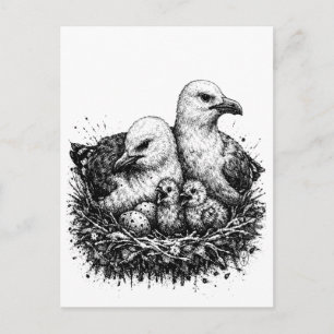 Vogelfamiliennest – Mythische Tintenillustration Postkarte