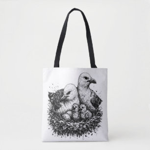Vogelfamiliennest – mythische Tintenillustration Tasche