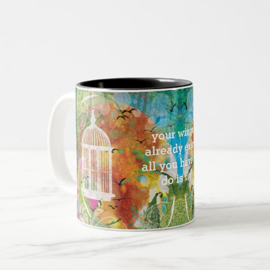 Vogelfarbenmalerei mit bewilligtem Zitat Zweifarbige Tasse (Vorderseite Links)